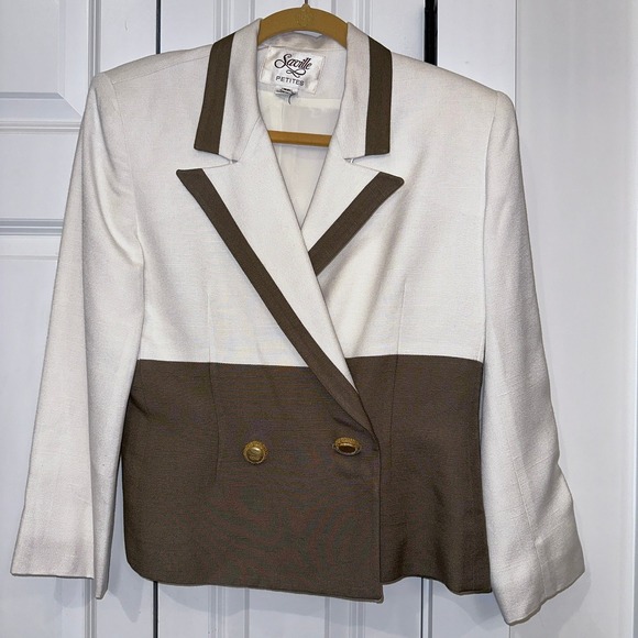 VTG Saville Petites Women's Blazer Skirt Two Piece Suit Set White Brown Size 8P - Picture 2 of 15
